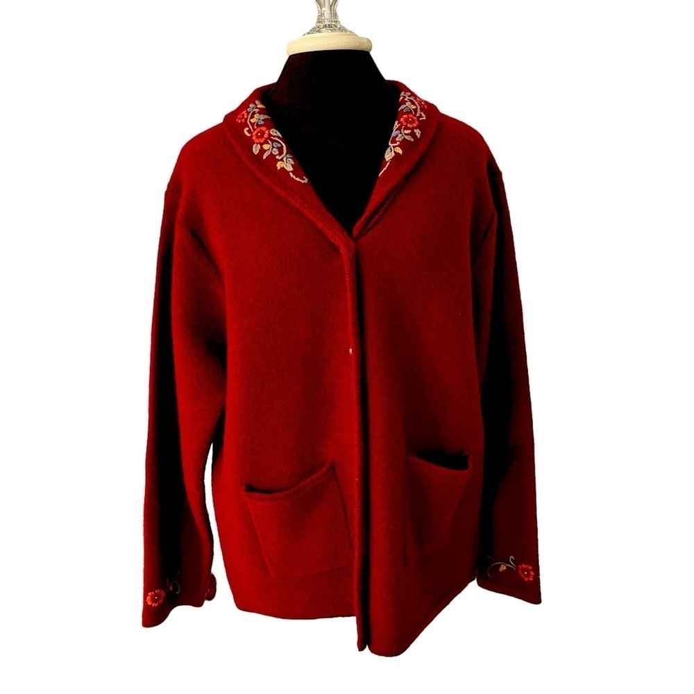 Vintage Jantzen Maroon Shawl Collared Wool Cardigan Hand Embroidered Flowers M/L